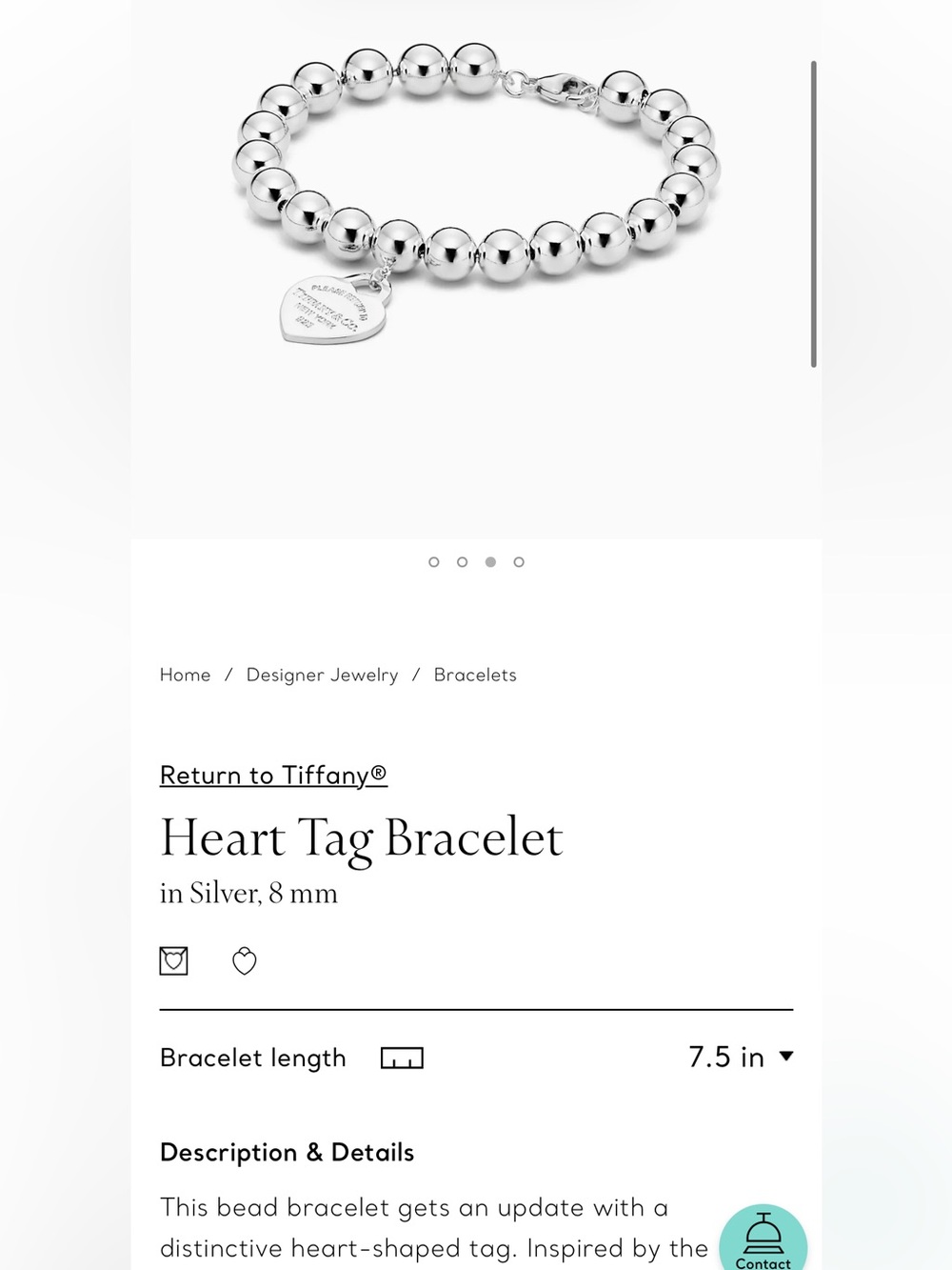 Tiffany & Co. 8mm Silver Bead Bracelet with Heart Tag